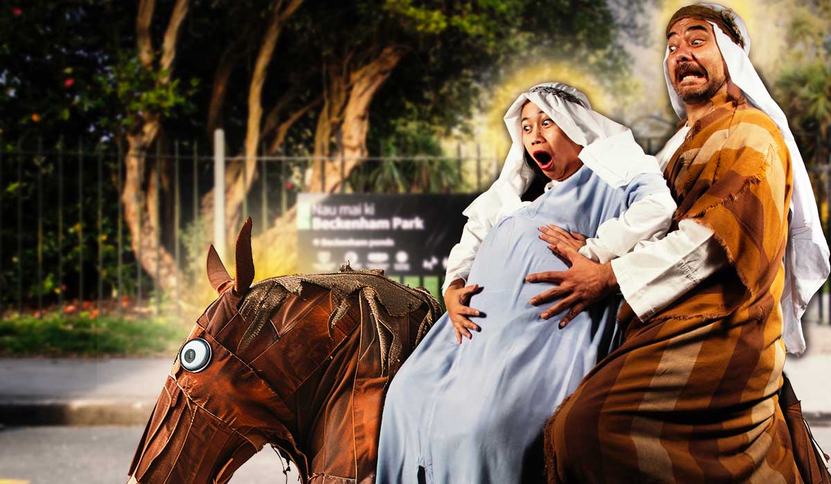 Bogan Mary and Joseph ride a pantomime donkey past Beckenham Park